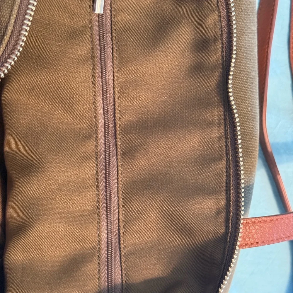 Olive Green Canvas Laptop Tote Bag Brown Shoulder Strap